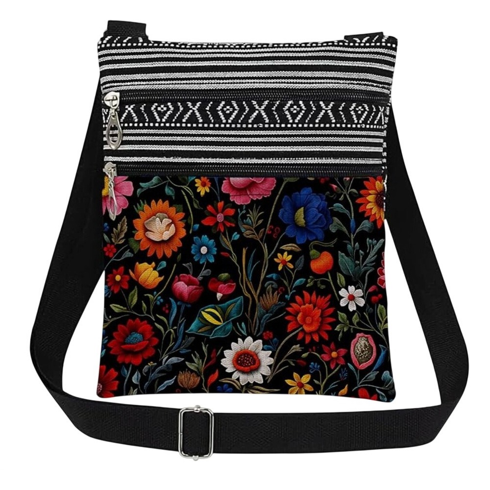Boho Floral Crossbody Bag Black Festival Travel Multi Pockets Zipper Travel